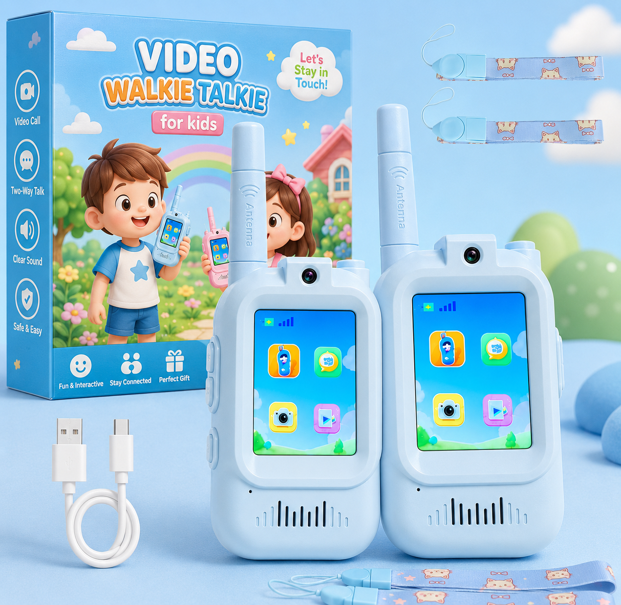 Two light blue walkie-talkie kids' toy phones with antennas and screen displays, shown with a USB charging cable, a retail box featuring cartoon children, and two rolled-up toy cases on a light blue background.
